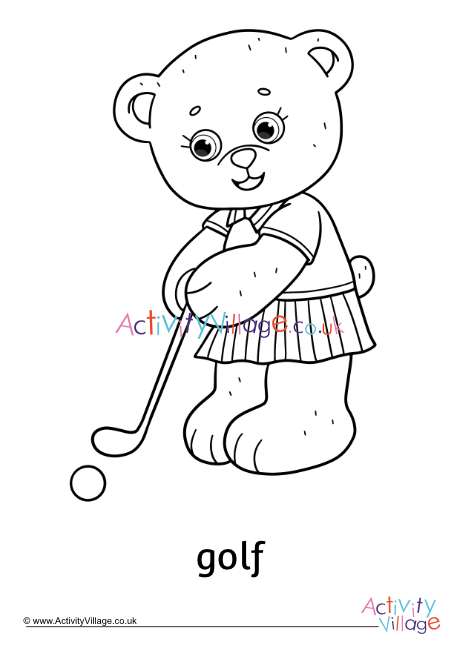 Golf teddy bear colouring page