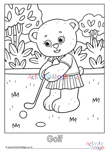 Golf Teddy Bear Colouring Page 2