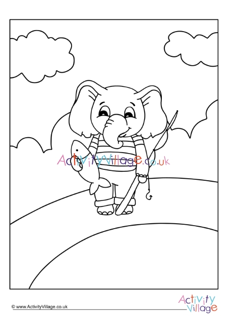 Gone Fishing Elephant Colouring Page 2