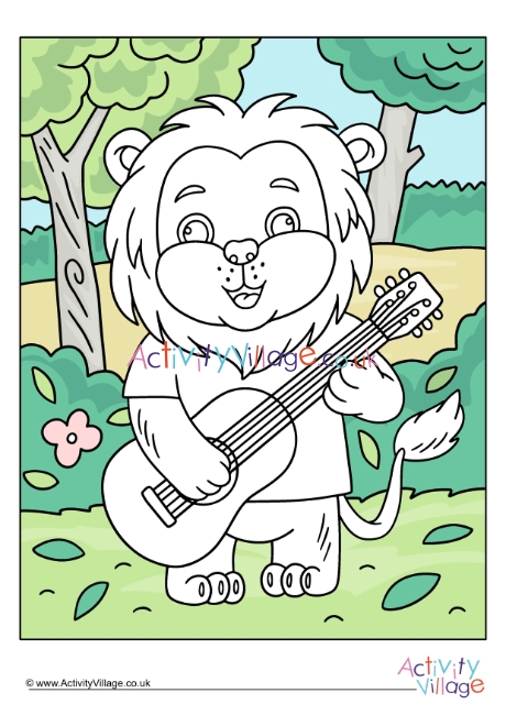 Guitar lion colour pop colouring page