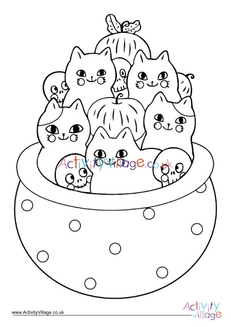 Halloween cat cauldron colouring page