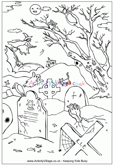 Halloween Graveyard Colouring Page