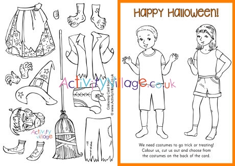 Halloween paper dolls colouring card