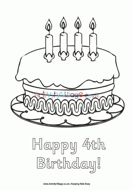 Happy 4th birthday colouring page