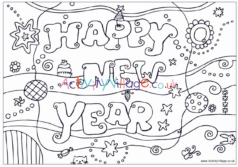 Happy New Year Colouring Design - Colouring Pages for Kids