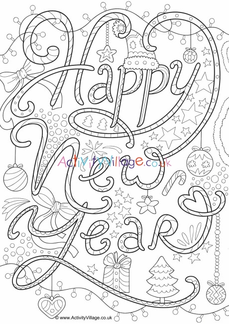 Happy New Year doodle colouring page