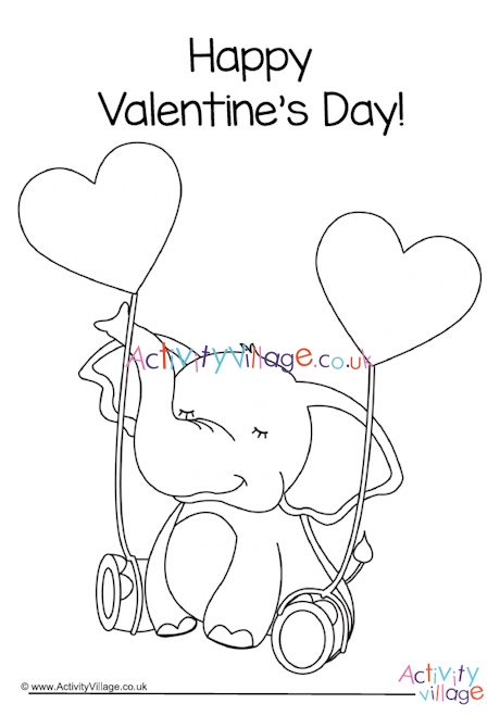 Happy Valentine's Day elephant colouring page