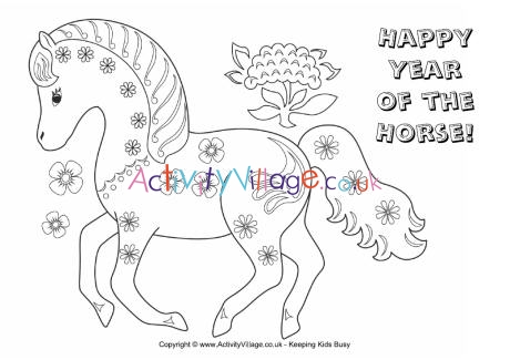 Happy Year of the Horse colouring page