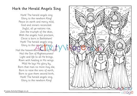 Hark the herald angels sing Christmas carol colouring page
