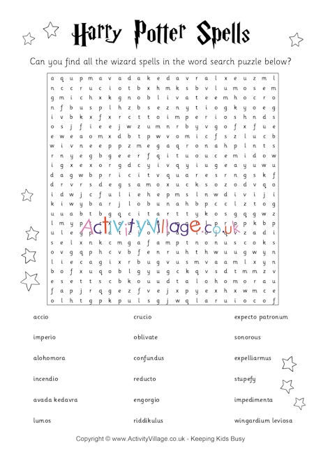 Harry Potter spells word search