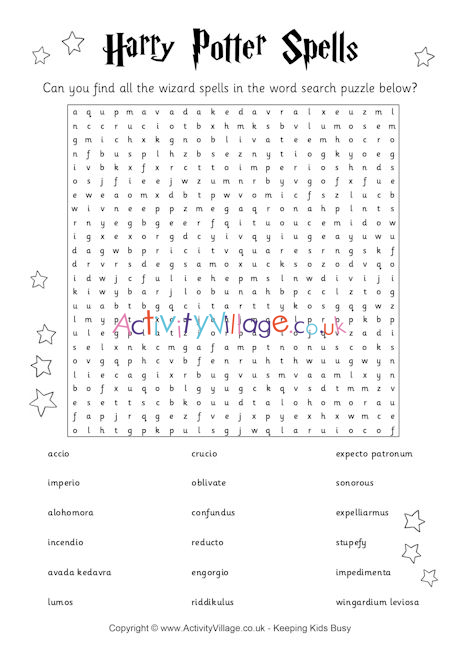 Harry Potter Spells Word Search