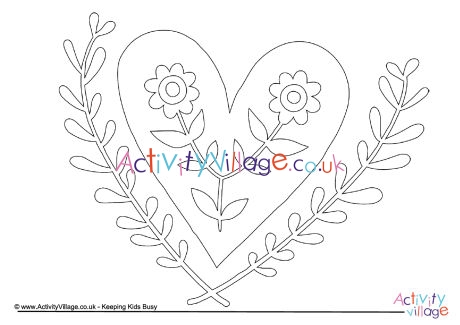 Heart and flower design colouring page