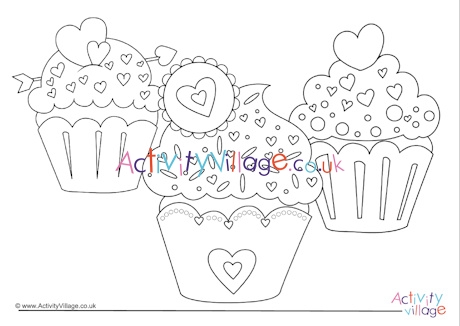 Heart cupcakes colouring page