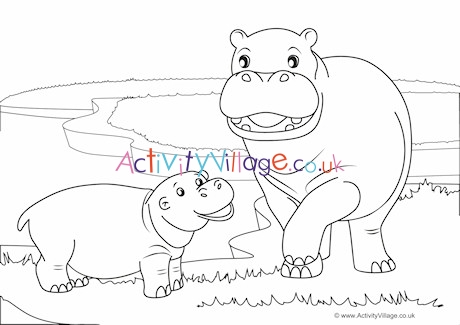 Hippos Scene Colouring Page