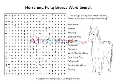 Horse and pony breeds word search
