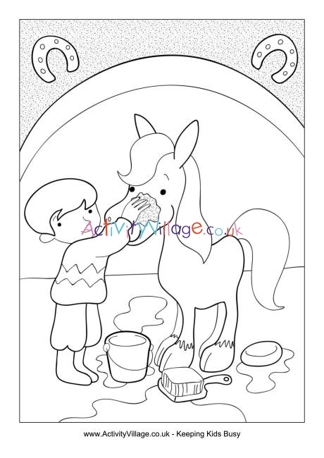 Horse grooming colouring page