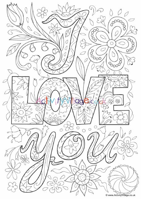 I love you doodle colouring page