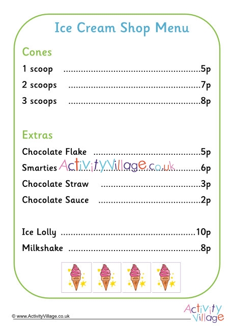 Ice cream shop menu worksheet set 1