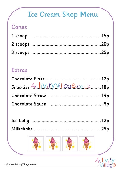 Ice cream shop menu worksheet set 2