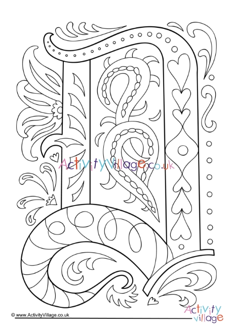 Illuminated letter D colouring page
