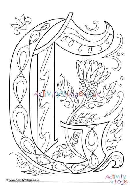 Illuminated letter G colouring page