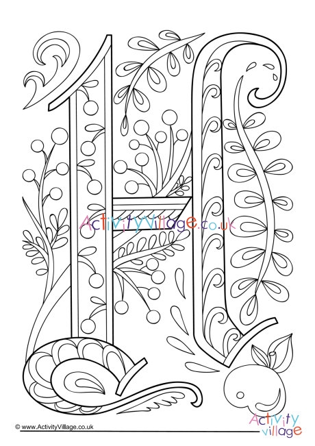 Illuminated letter H colouring page