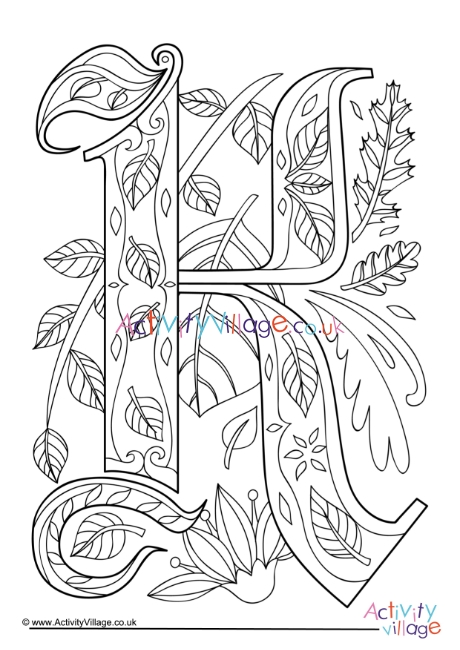 Illuminated letter K colouring page