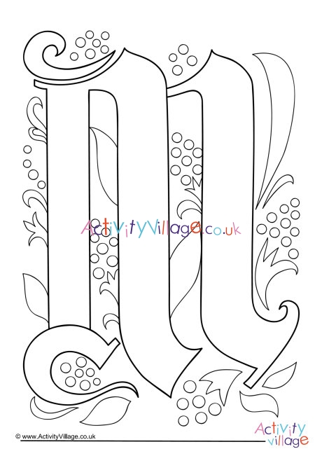 Illuminated letter M colouring page