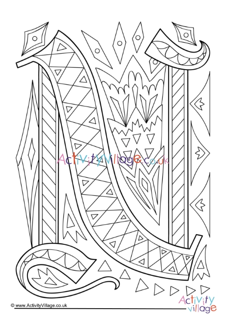 Illuminated letter N colouring page