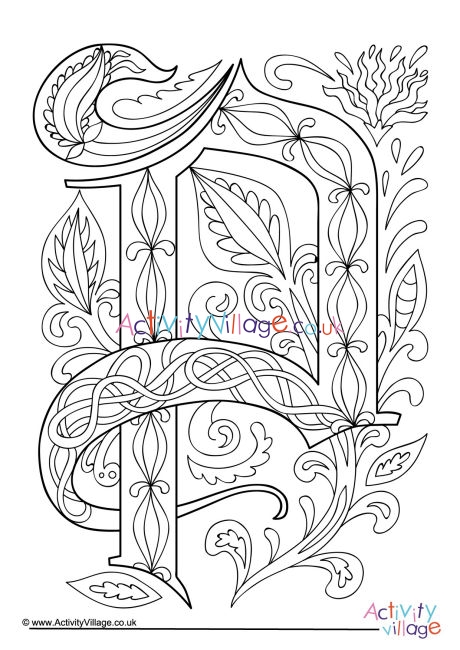 Illuminated letter P colouring page