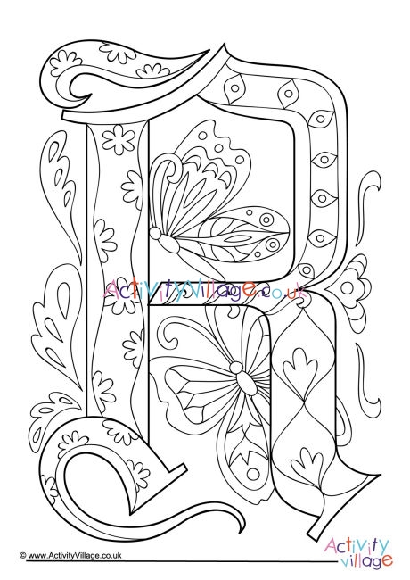 Illuminated letter R colouring page