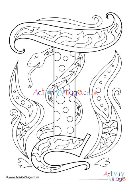 Illuminated letter T colouring page