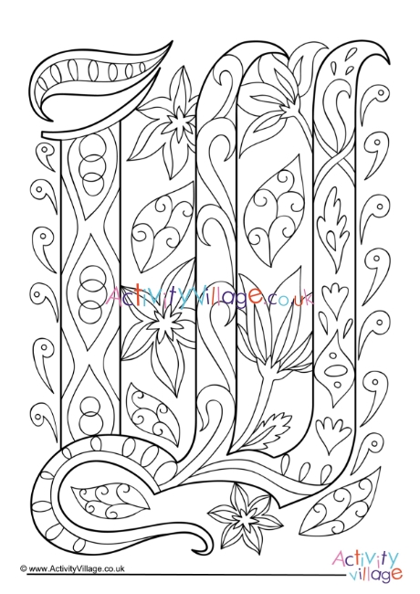 Illuminated letter W colouring page