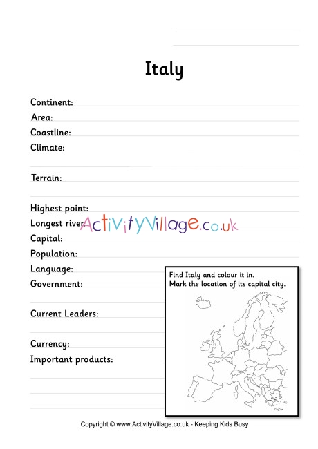 Italy fact worksheet