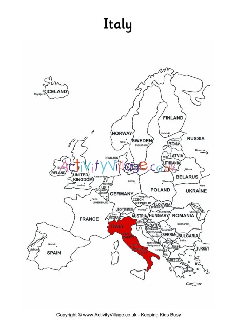 Italy on a map of Europe