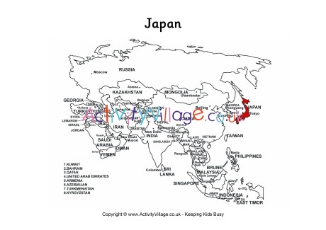 Japan on map of Asia