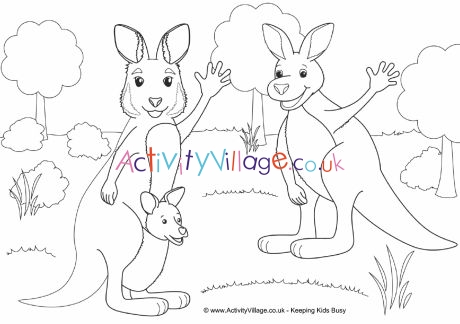 Kangaroo scene colouring page