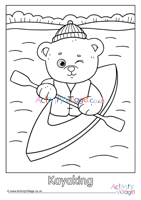 Kayaking Teddy Bear Colouring Page 2
