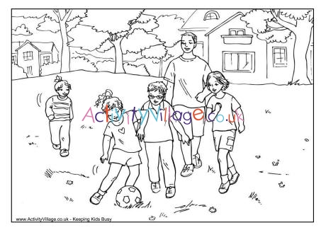 Kicking a ball with dad colouring page