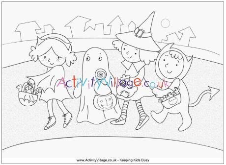 Kids Trick or Treating Colouring Page