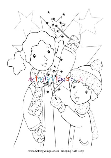Kids with sparklers colouring page