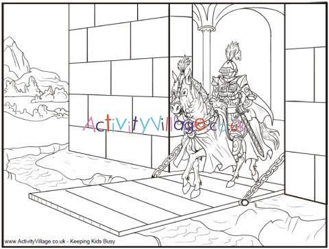 Knight and drawbridge colouring page