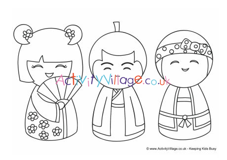 Kokeshi Dolls Colouring Page 1