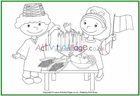 Kwanzaa colouring page - kids lighting kinara