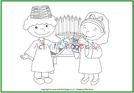 Kwanzaa colouring page - kids drinking from a unity cup