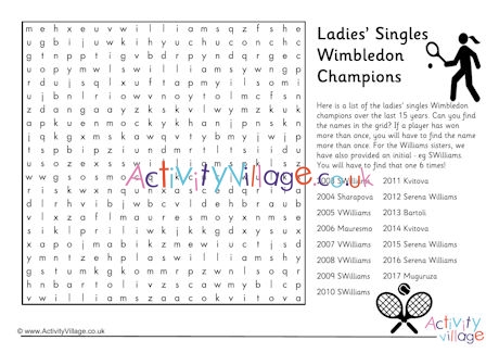 Ladies' Singles Wimbledon champions word search
