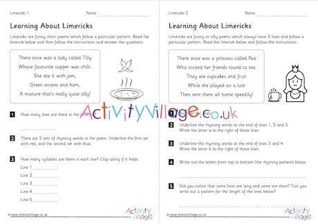 Learning about limericks worksheets