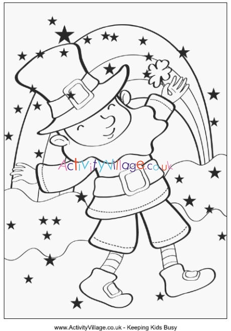 Leprechaun and rainbow colouring page