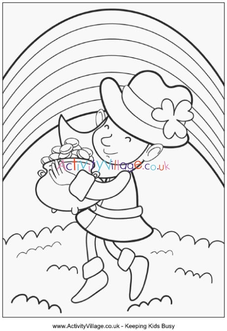 Leprechaun with pot of gold colouring page