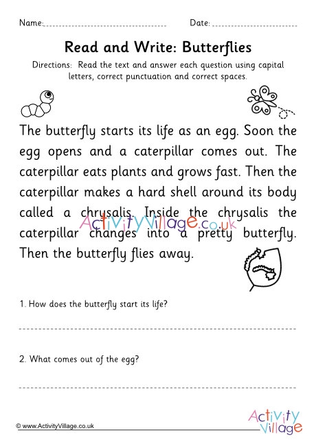 Life Cycle of a Butterfly Reading and Questions Worksheet KS1